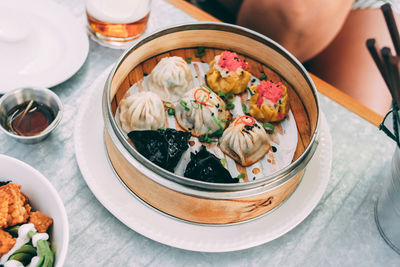 High angle view of meal served on table