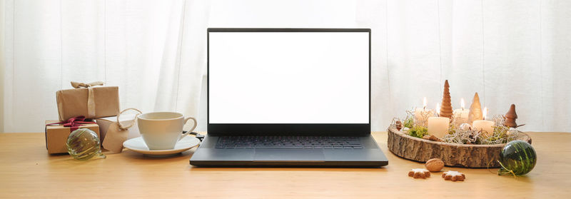 High angle view of laptop on table