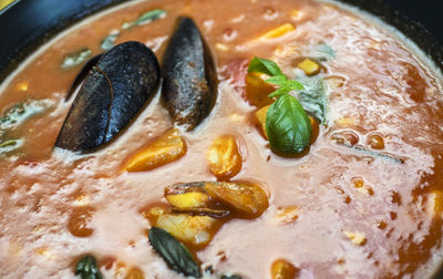 High angle close-up of seafood soup in bowl