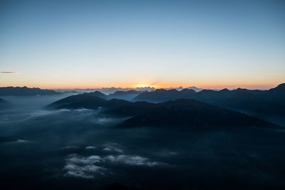 Scenic view of mountains against sky during sunset