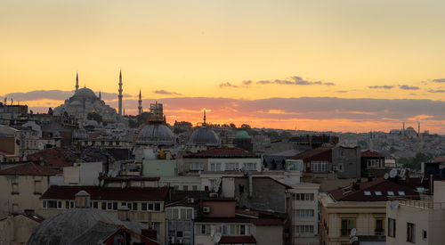 High angle view of townscape against sky during sunset