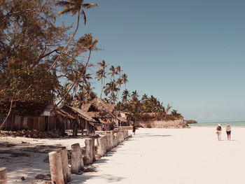 Rear view of people walking at beach