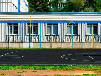 Low angle view of soccer field against sky