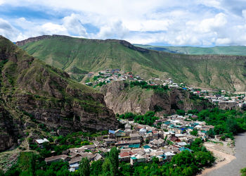 High angle view of buildings against sky