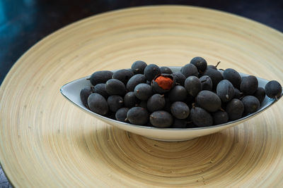 High angle view of fruits in bowl on table