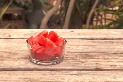 Close-up of watermelon in bowl on table