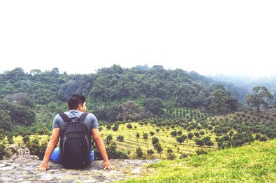 Rear view of man sitting on landscape against clear sky