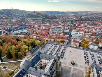 High angle shot of townscape against sky