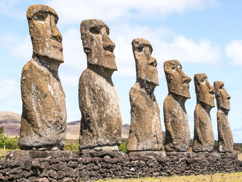 Statues on rocks against sky