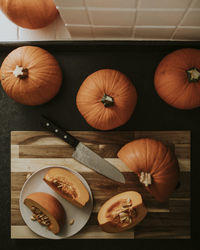 High angle view of pumpkins on table