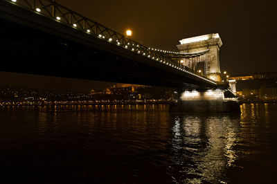 Illuminated bridge over river at night