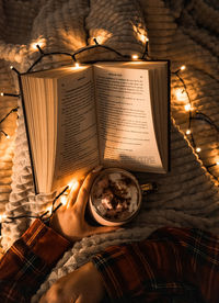 Christmas decorations with lights, hot drink, fruits and a good book