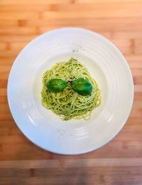 High angle view of pasta in plate on table