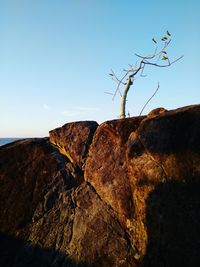 Rock formations on landscape against clear blue sky