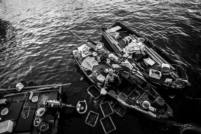 High angle view of boats moored on sea