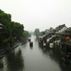 Boats moored in river