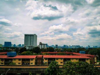 High angle view of buildings against sky