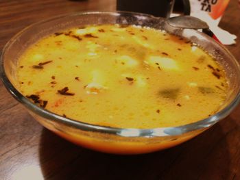 High angle view of drink in bowl on table