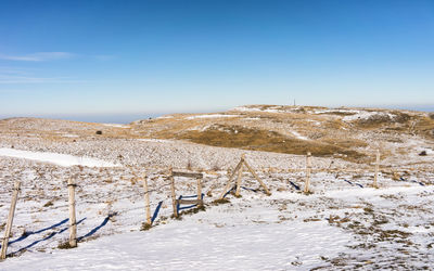 Scenic view of snow covered land against sky