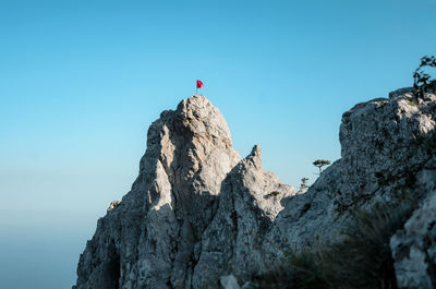 Low angle view of rock formation against clear blue sky