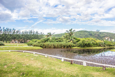 Scenic view of green landscape against sky
