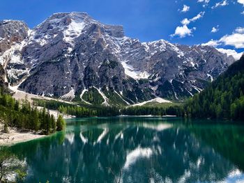 Scenic view of lake and snowcapped mountains against sky