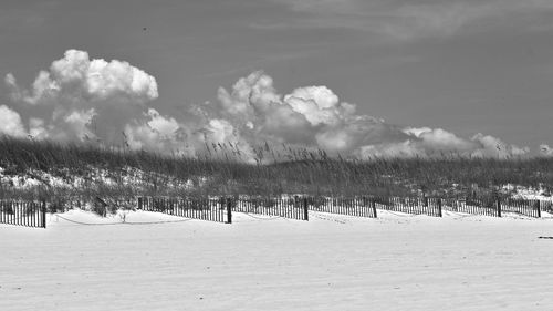 Snow covered landscape against sky