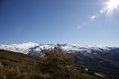 Scenic view of snowcapped mountains against clear sky