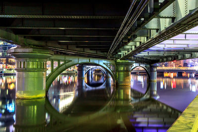 Underneath illuminated sandridge bridge over yarra river water at night