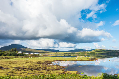 Scenic view of landscape and lake against sky