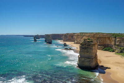 Scenic view of sea against clear blue sky