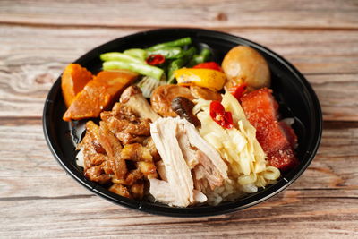 High angle view of meal served on table