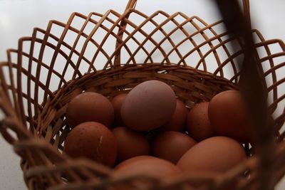 High angle view of eggs in basket