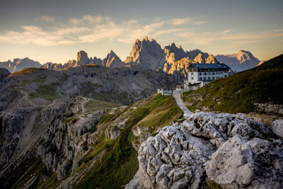 Scenic view of mountains against sky during sunset