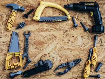 High angle view of tools on table