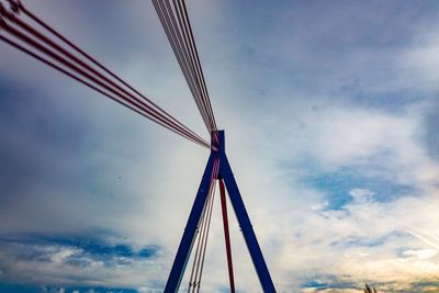 Low angle view of suspension bridge against sky