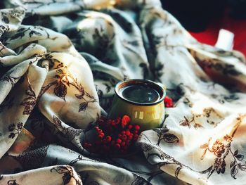 Fruits and drink on textile