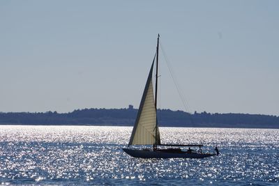 Sailboat sailing on sea against clear sky