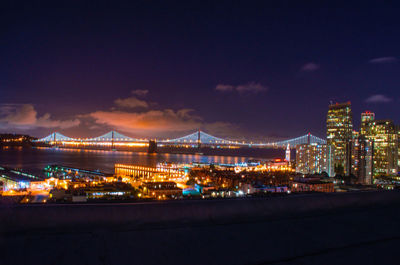 Illuminated cityscape against sky at night