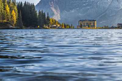 Magical reflections on the misurina lake. sunsets on the dolomites.