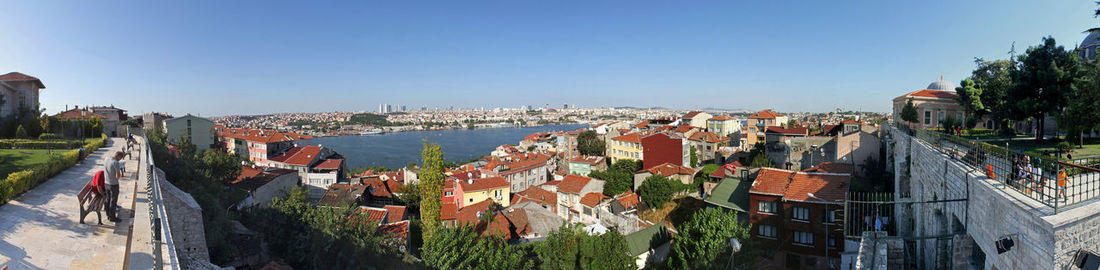 High angle shot of townscape against sky