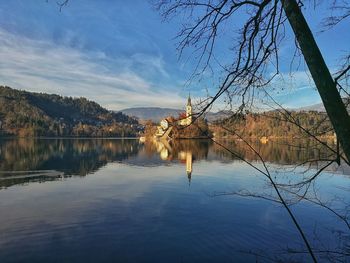 Reflection of trees in lake against sky