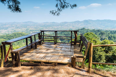 Empty benches on landscape against sky