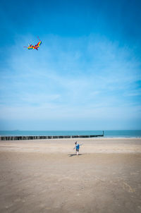 Rear view of boy flying kite at beach against blue sky