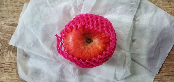 High angle view of strawberry on table