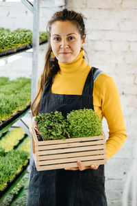 Woman holding box with microgreen, small business indoor vertical farm. close-up of healthy