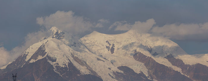 Aerial view of snowcapped mountain against sky