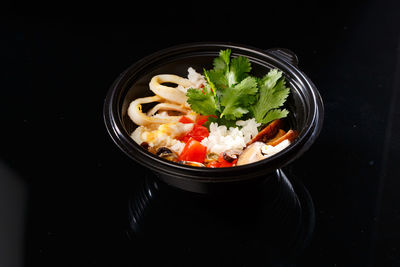 High angle view of food in bowl on table