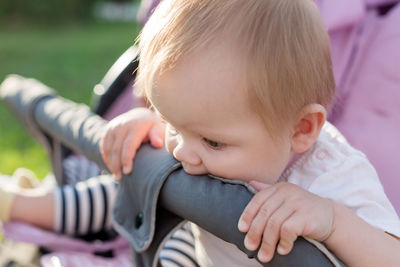 A 6-month-old child bites the edge of the stroller with effort, teething.