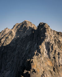 Low angle view of rock formations against clear blue sky.